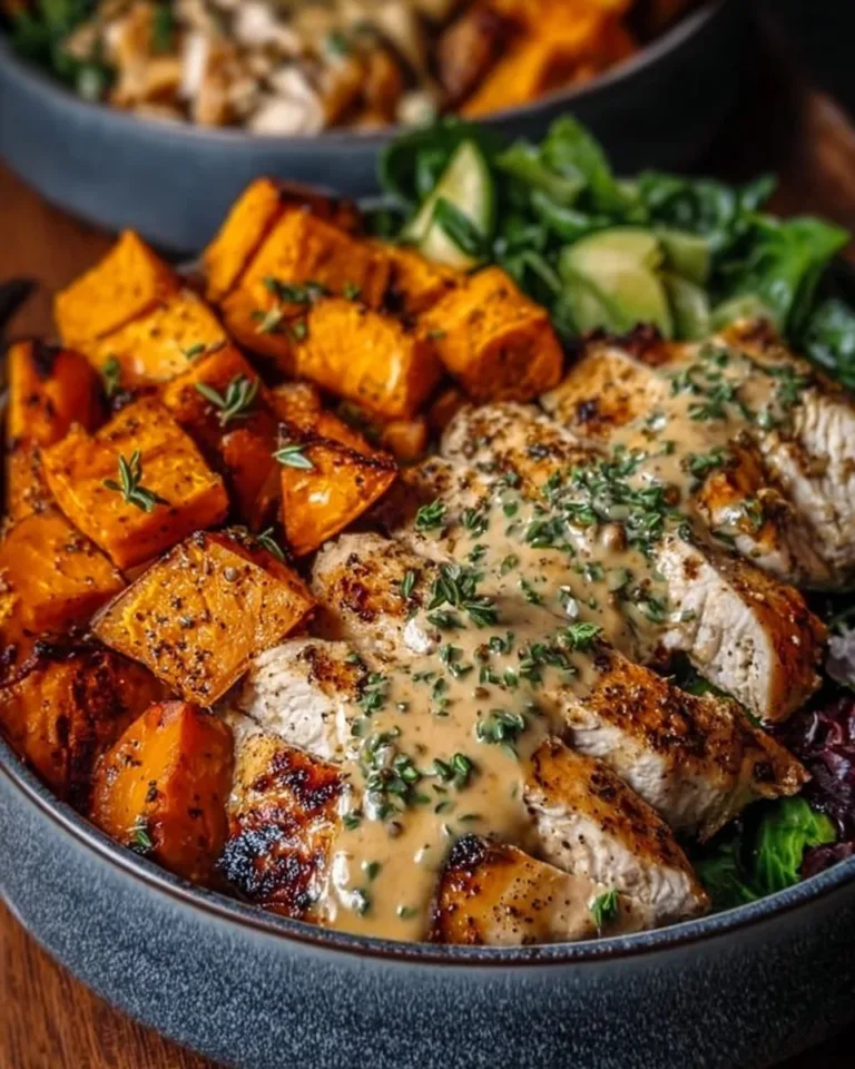 Maple Dijon Chicken served in a bowl with sweet potatoes and fresh herbs
