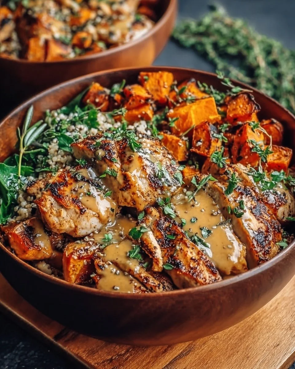 Maple Dijon Chicken and Sweet Potato Bowls