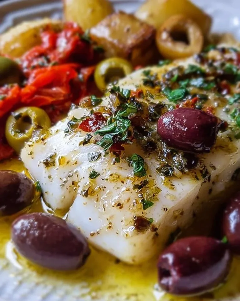 Mediterranean baked cod with olives served on a plate