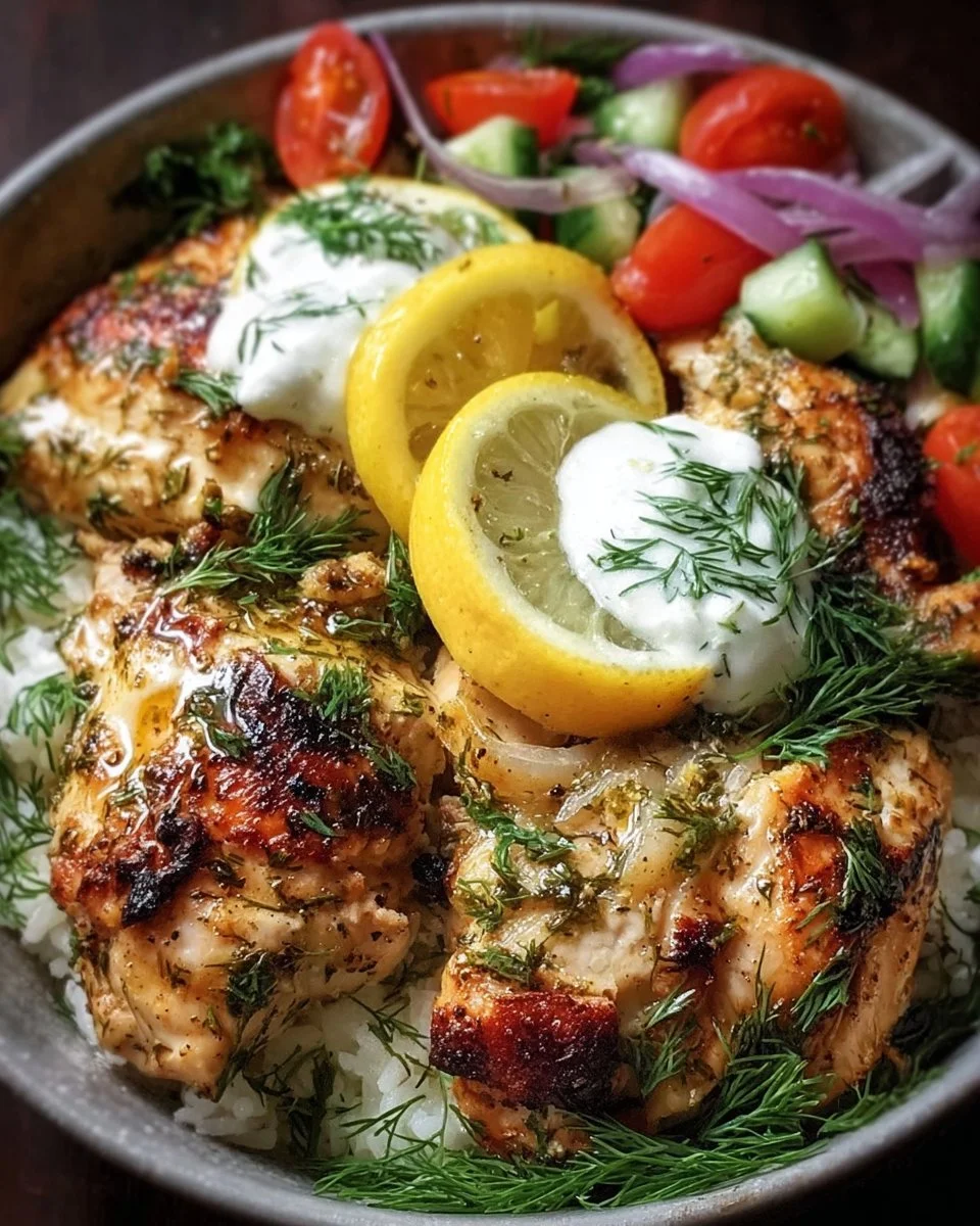 Mediterranean Lemon-Dill Chicken Bowls with fresh vegetables and herbs