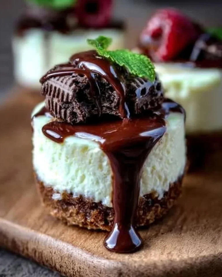 Delicious mini cheesecakes topped with fresh fruit and chocolate drizzle