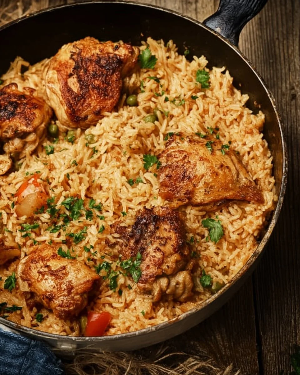 Delicious one pot chicken and rice meal served in a bowl with fresh herbs