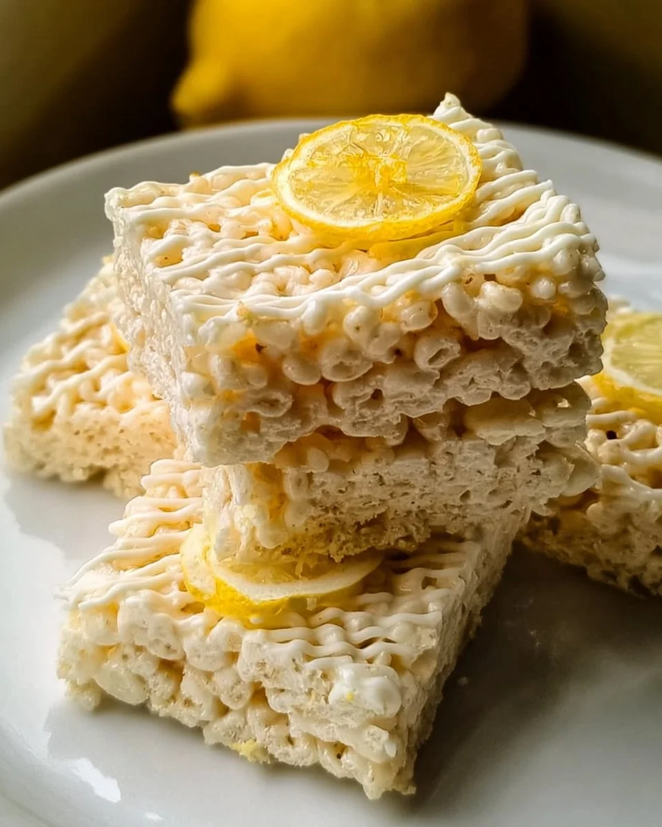 Plate of quick no-bake lemon krispies topped with zesty lemon flavor