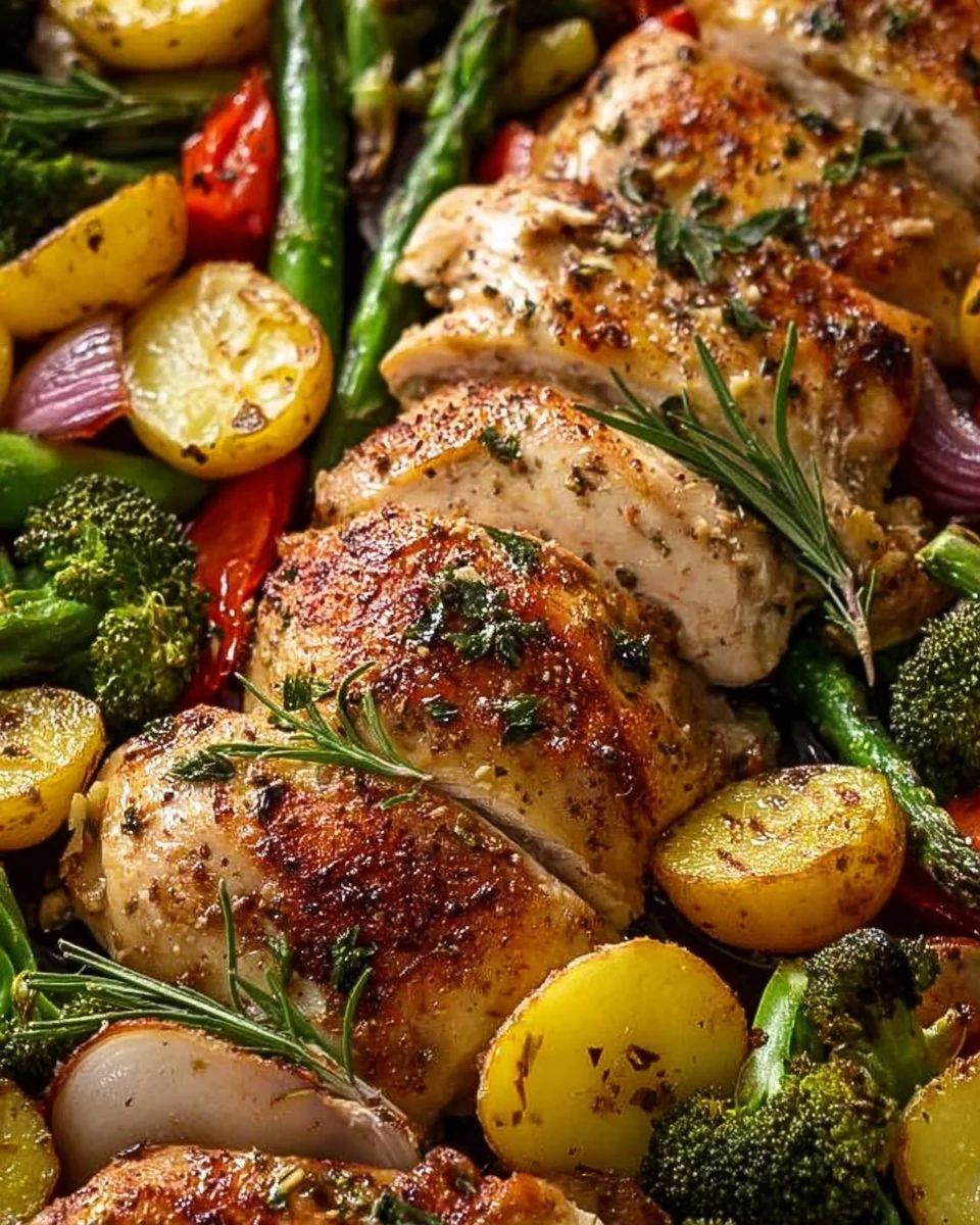 Delicious sheet pan chicken dinner with vegetables cooked together on a sheet pan
