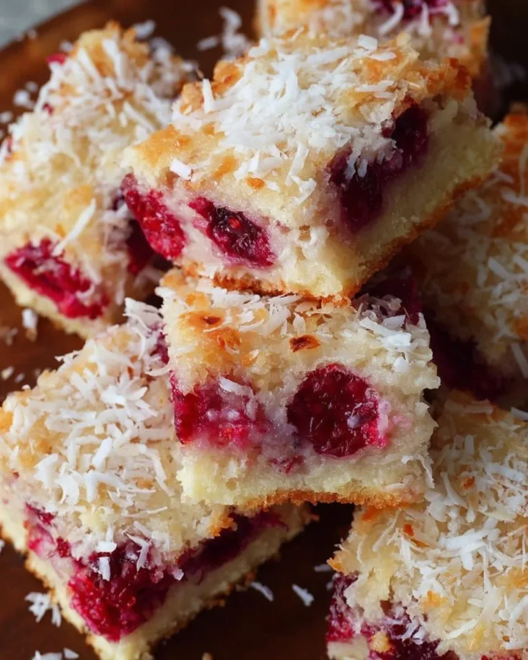 A plate of homemade Raspberry Coconut Bars topped with fresh raspberries.