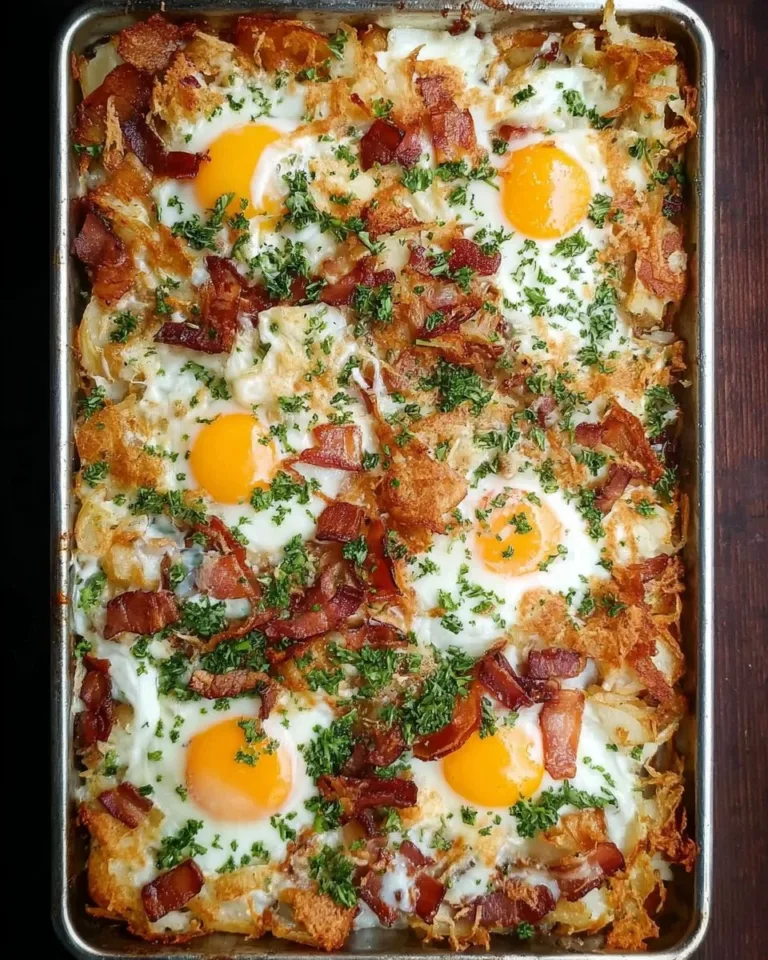 Delicious sheet pan breakfast bake with eggs, vegetables, and sausage