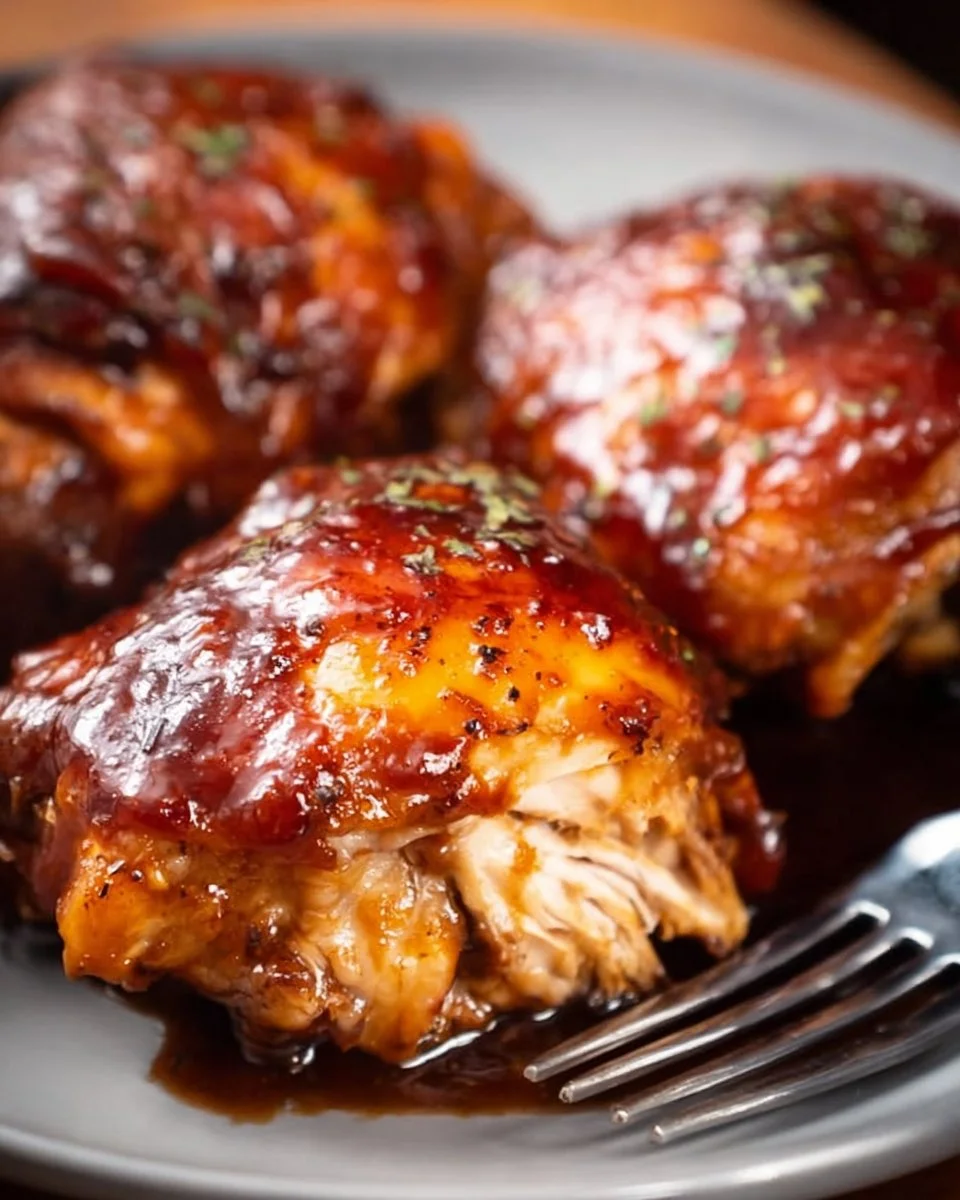Slow Cooker BBQ Chicken Thighs served on a plate with sauce and herbs