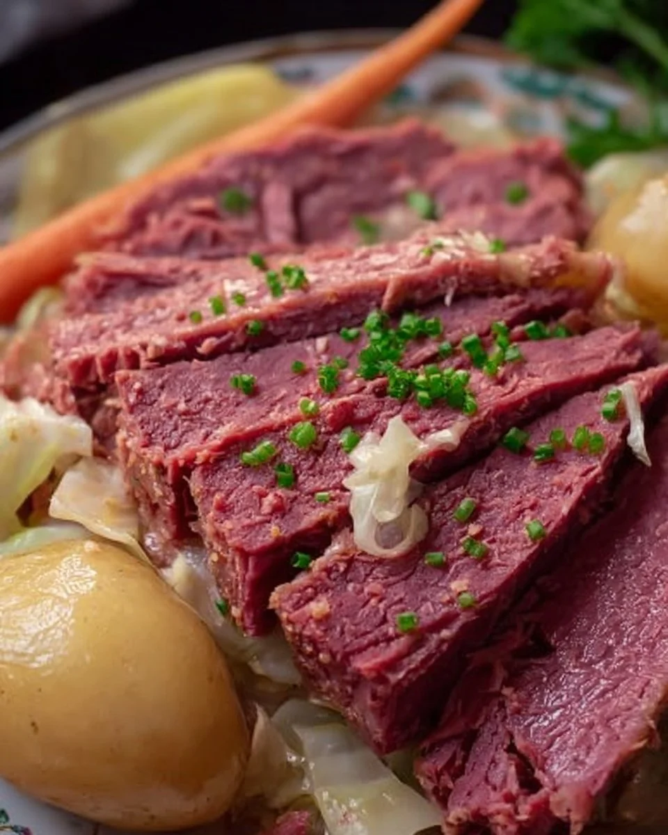 Delicious slow cooker corned beef with cabbage served on a plate