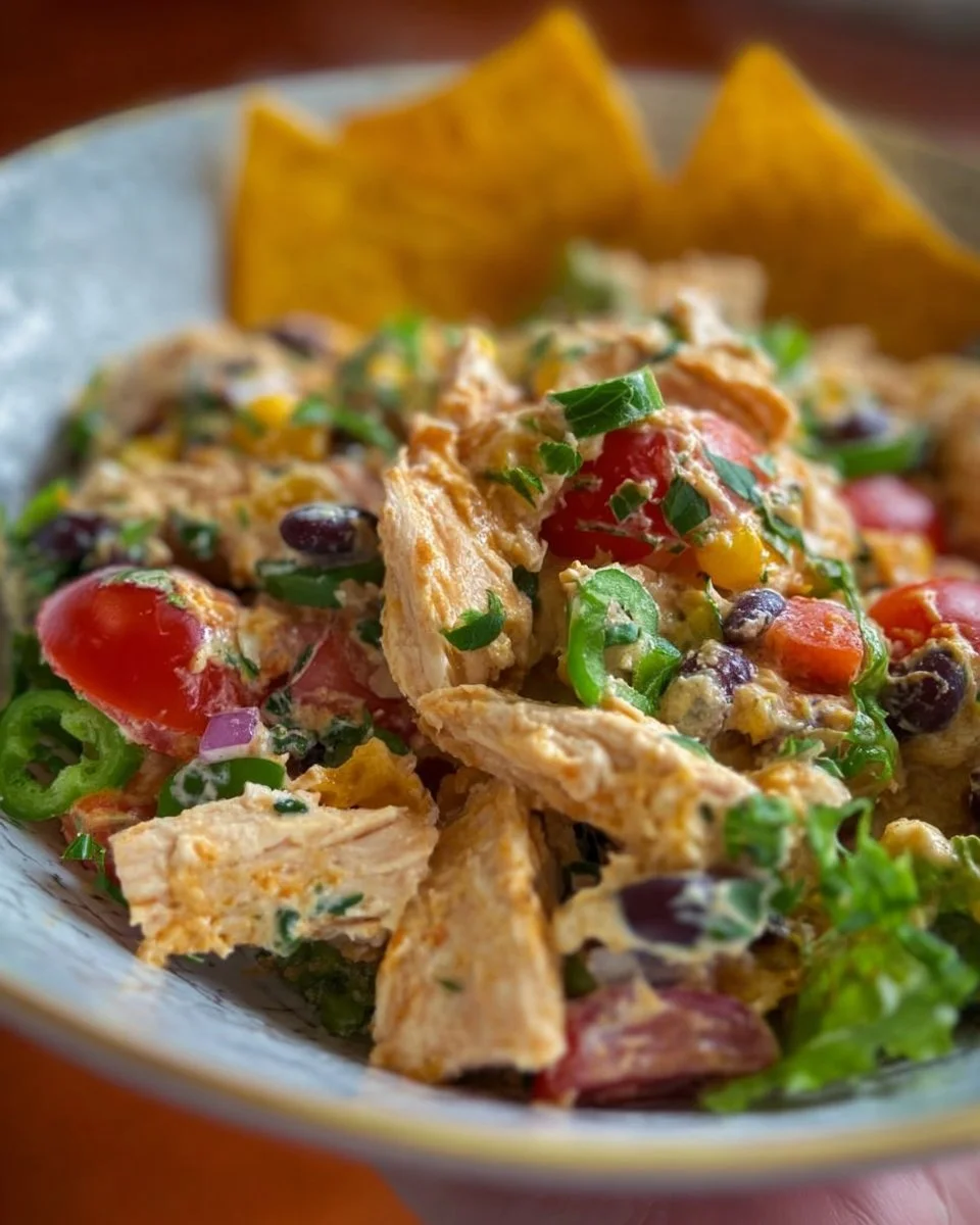 Bowl of Southwestern Chicken Salad with vibrant ingredients and toppings.