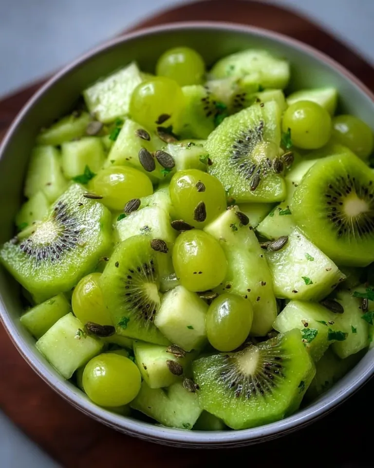 St. Patrick's Day green fruit salad with various fresh green fruits in a bowl
