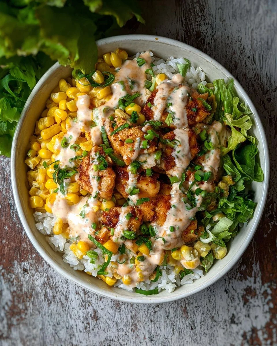 Delicious street corn chicken rice bowls garnished with fresh ingredients.