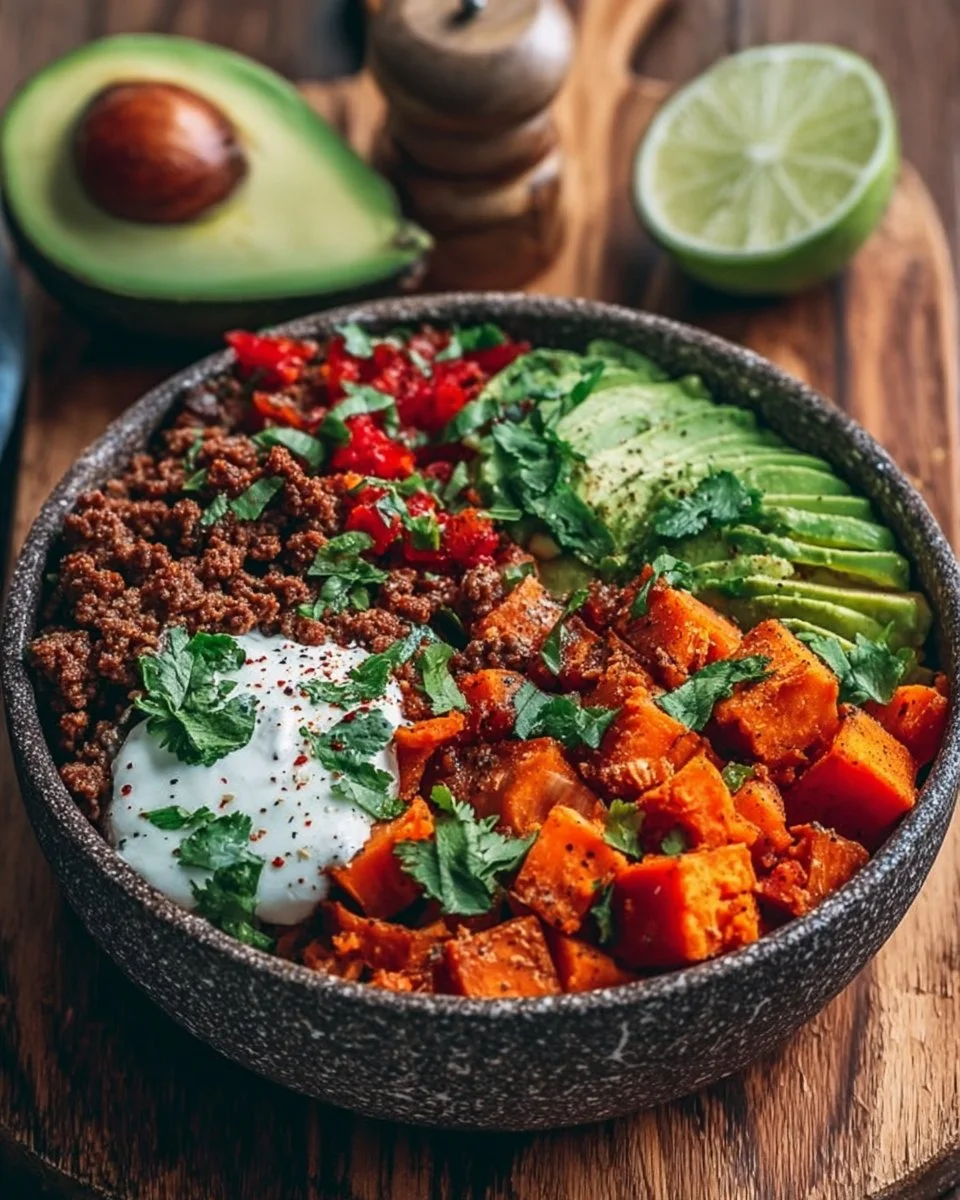 Delicious Sweet Potato Taco Bowl with toppings
