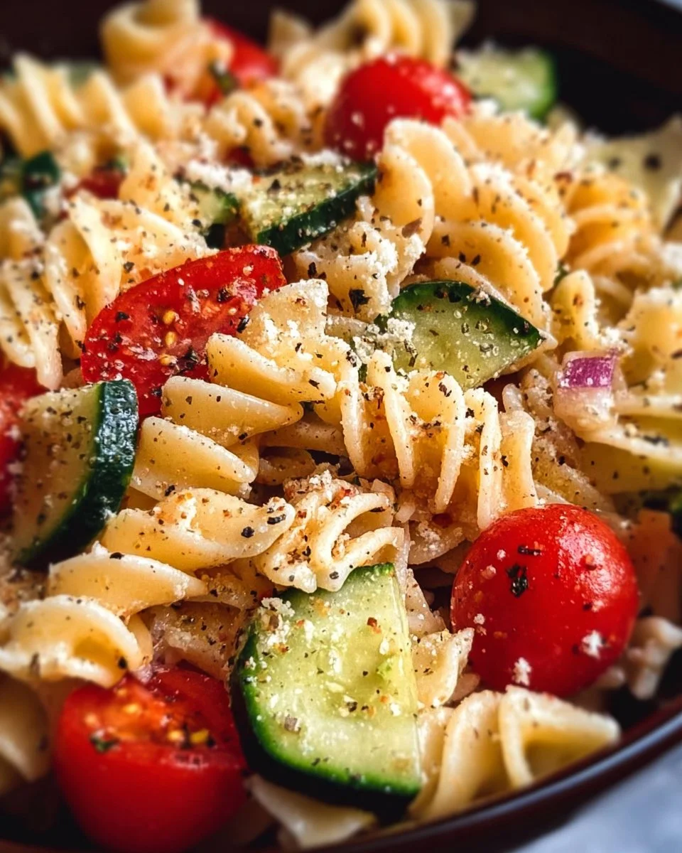 Colorful and fresh pasta salad with vegetables and dressing in a bowl