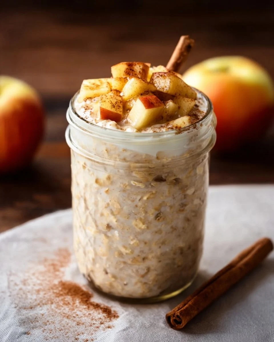 Bowl of Apple Cinnamon Overnight Oats topped with apples and cinnamon