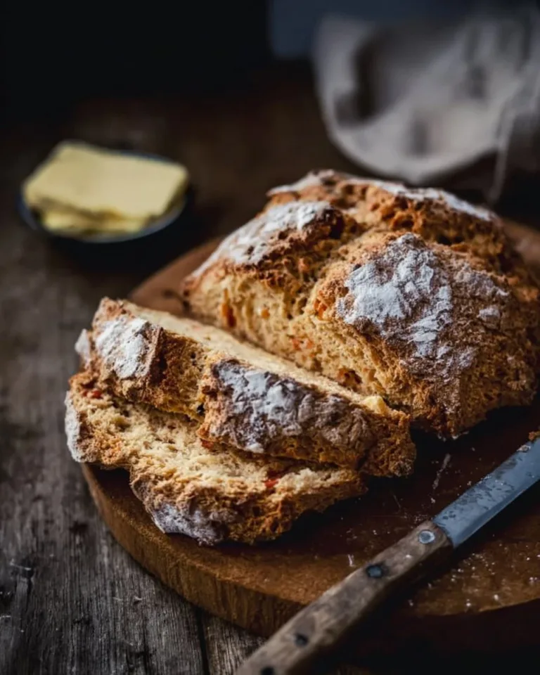 Freshly baked traditional Irish soda bread on a wooden table.