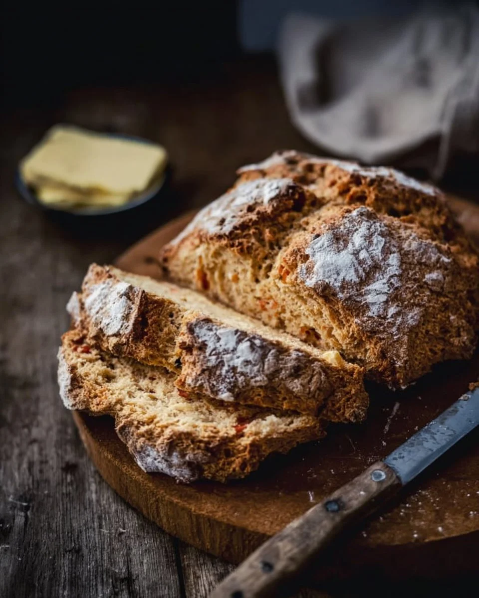 Freshly baked traditional Irish soda bread on a wooden table.