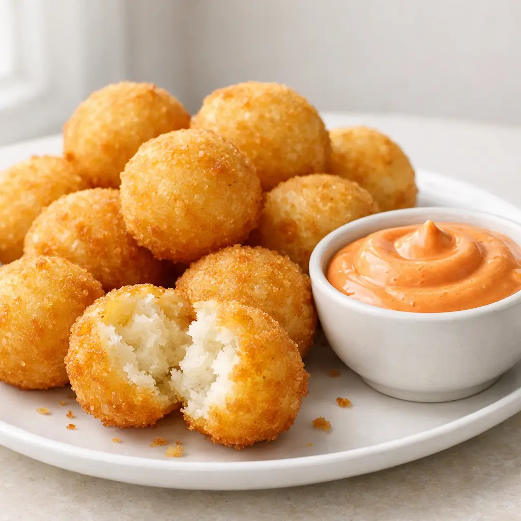 Crispy Potato Balls with Sriracha Mayo on a plate with dipping sauce