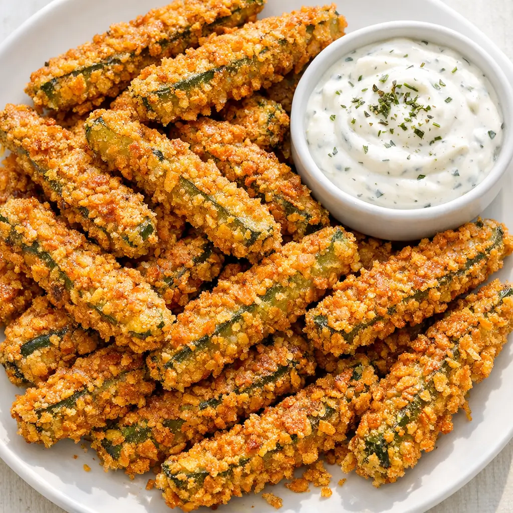 Dorito Crusted Pickle Fries served with ranch dip