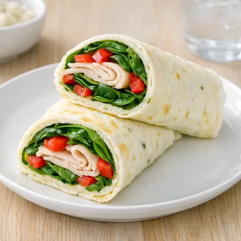 A healthy egg white wraps substitute filled with turkey and fresh vegetables.