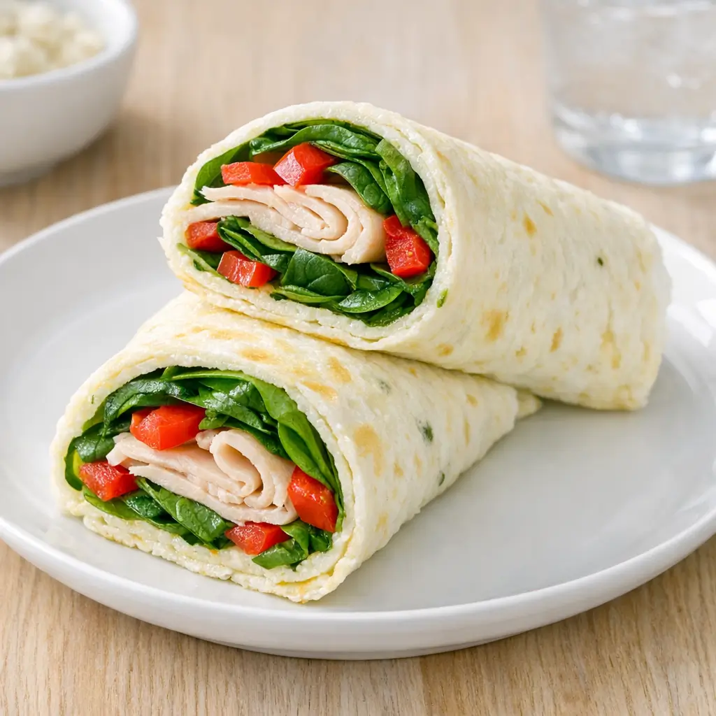 A healthy egg white wraps substitute filled with turkey and fresh vegetables.