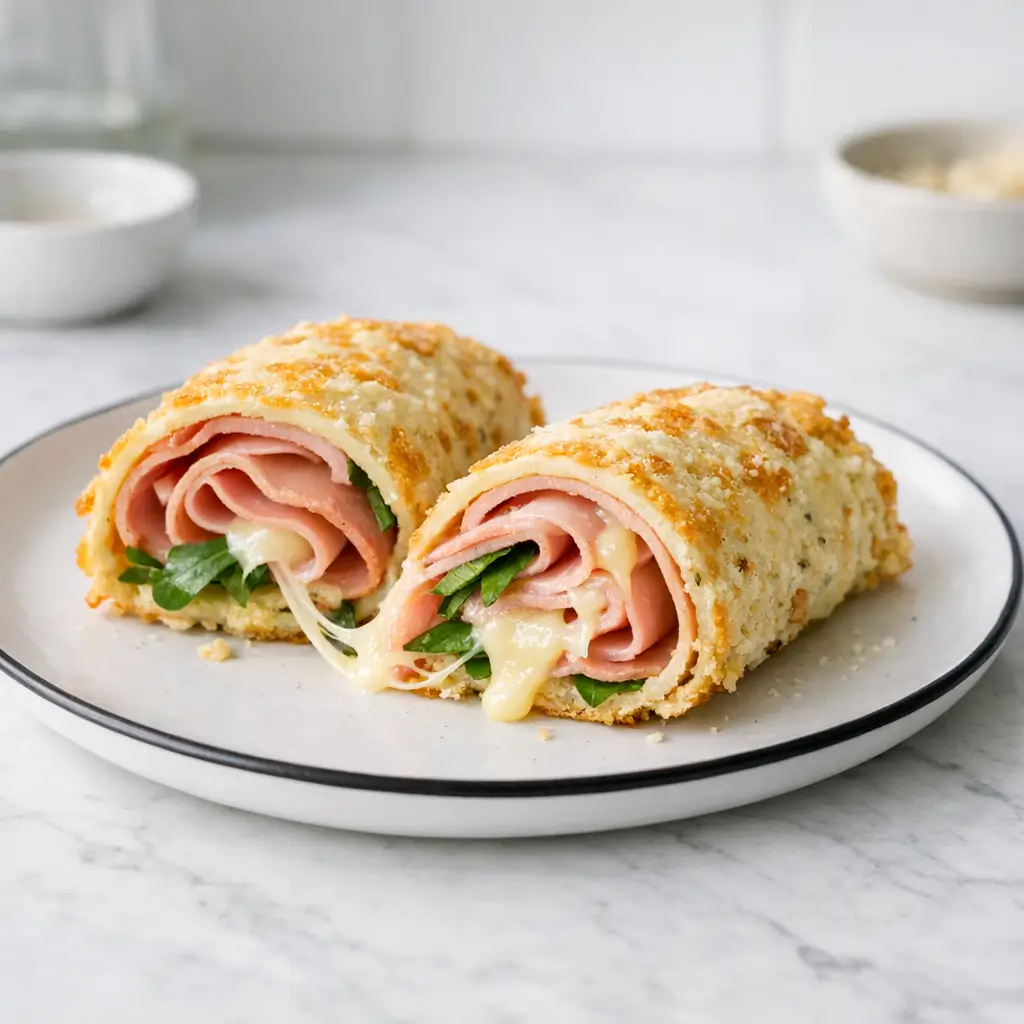 Low carb mortadella wraps with crispy Parmesan crust and melty Swiss