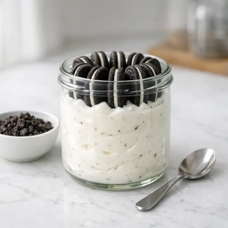 Oreo Yogurt Cheesecake Hack in a jar with thick Greek yogurt and Oreo Thins