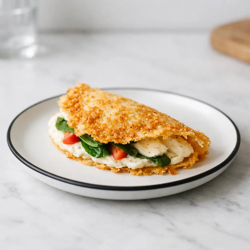 Parmesan crusted egg white wrap with a lacy golden Parmesan crust on a plate