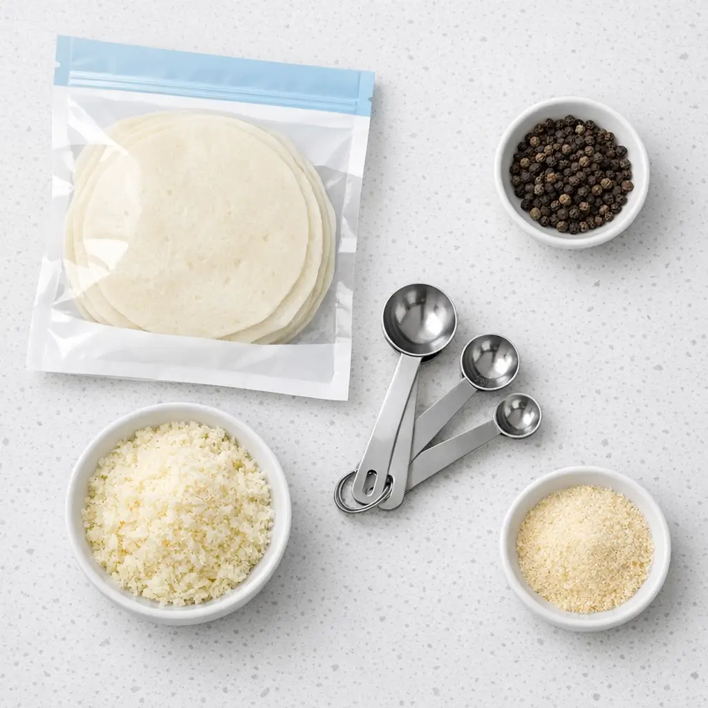 Ingredients for parmesan crusted egg white wrap including egg white wraps and finely grated Parmesan