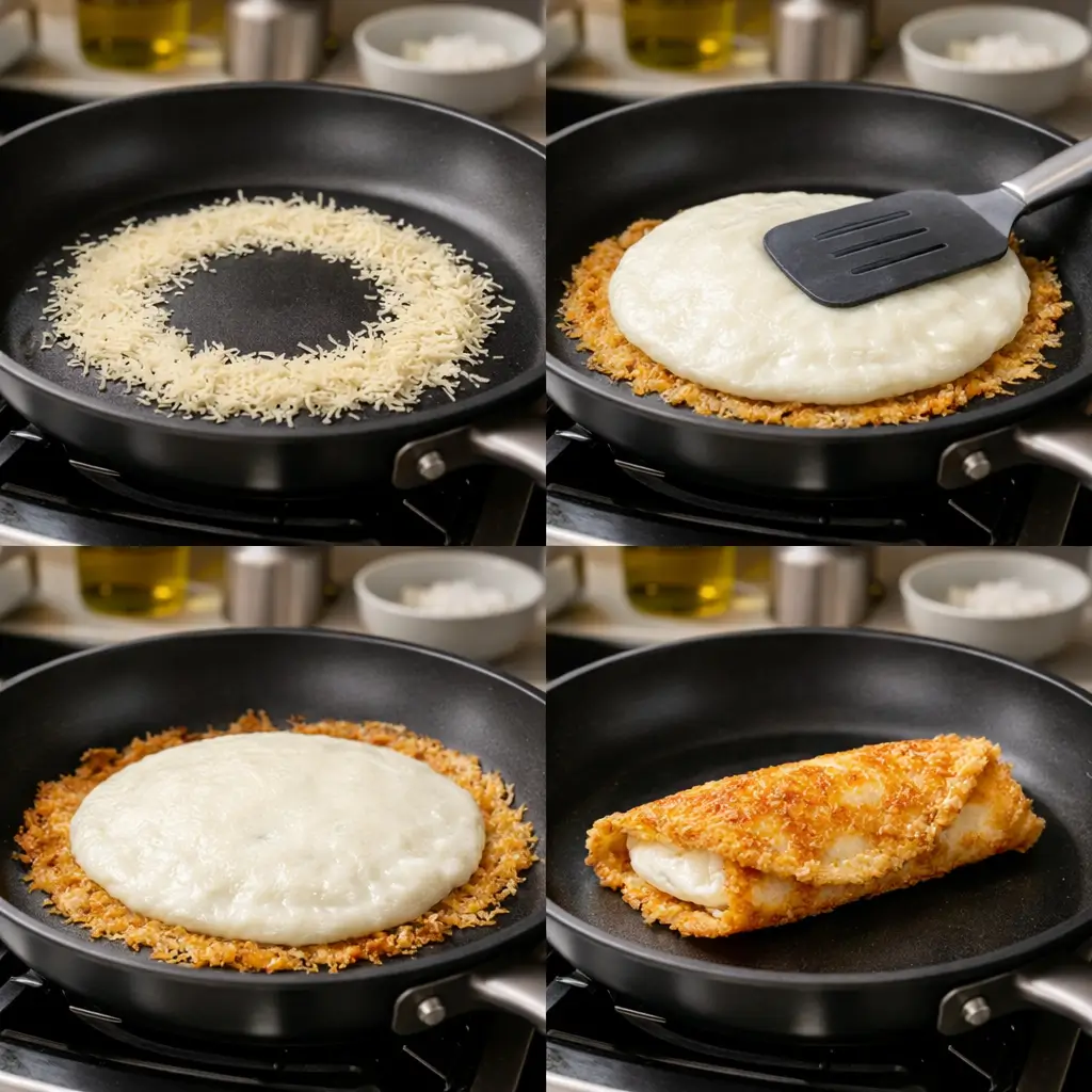 Parmesan crusted egg white wrap steps collage showing Parmesan crust, wrap placement, browning, and finished wrap