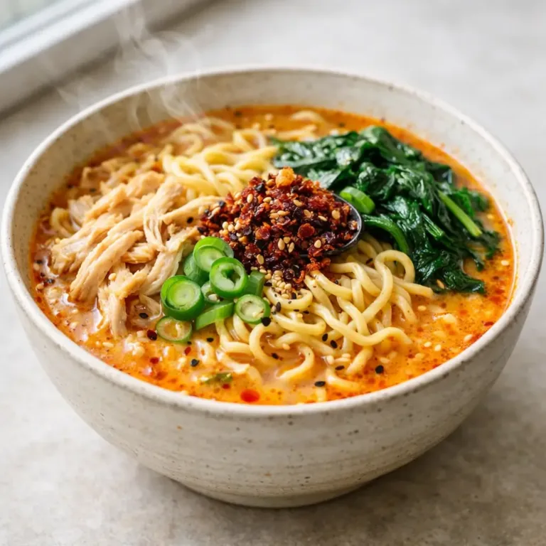 Spicy Dan Dan Ramen Hack bowl with shredded chicken and spinach